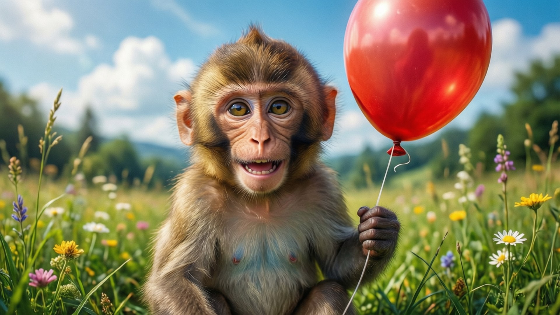 Monkey with Balloon 壁紙 — 一隻大眼睛的年輕猴子坐在陽光明媚的草地上，在野花中拿著一個紅色氣球。