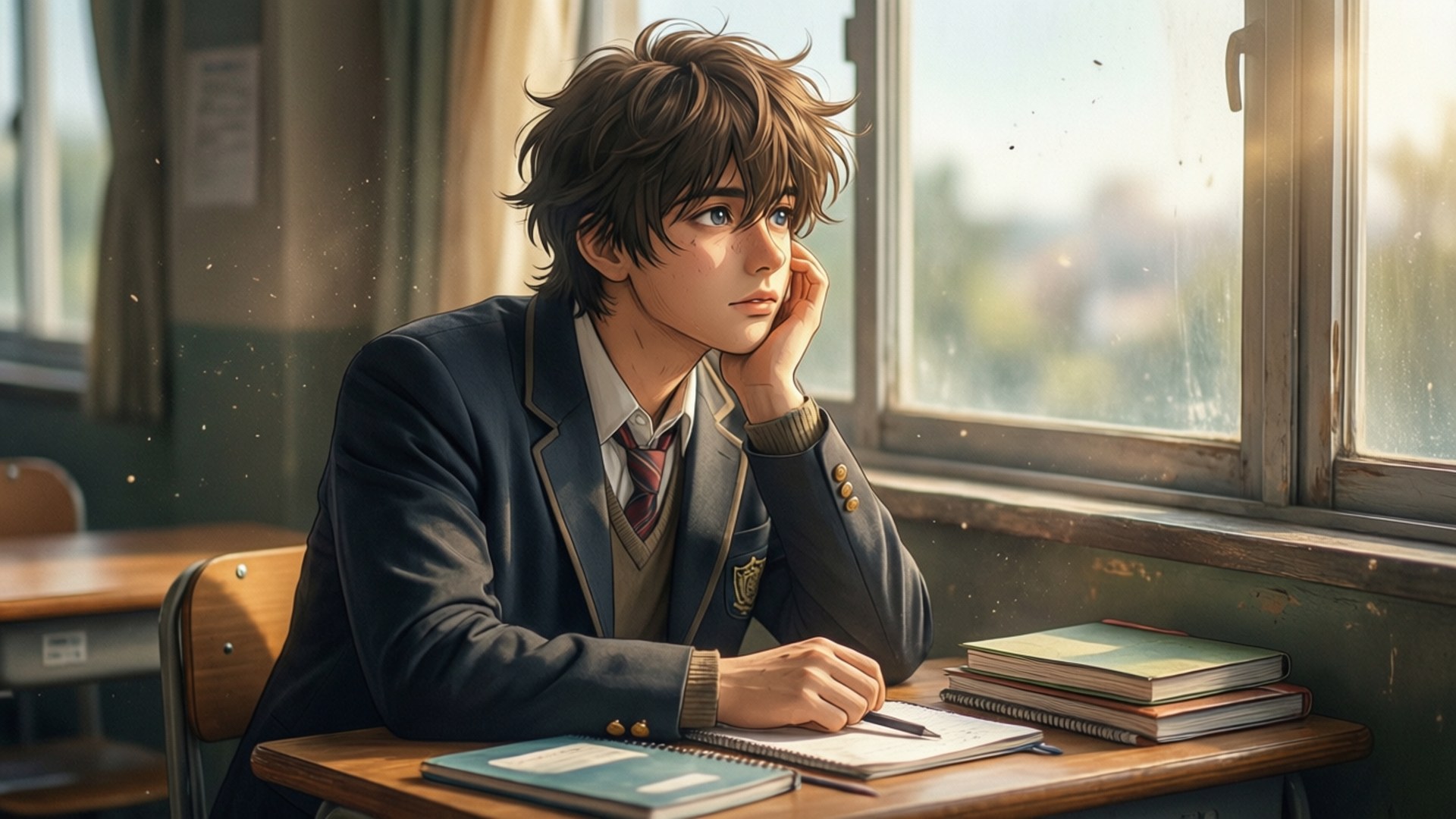 Dreamy Student 壁紙 — 一位穿著校服的年輕學生坐在陽光照射的窗邊木桌旁，桌上放著書籍和筆記本，若有所思。