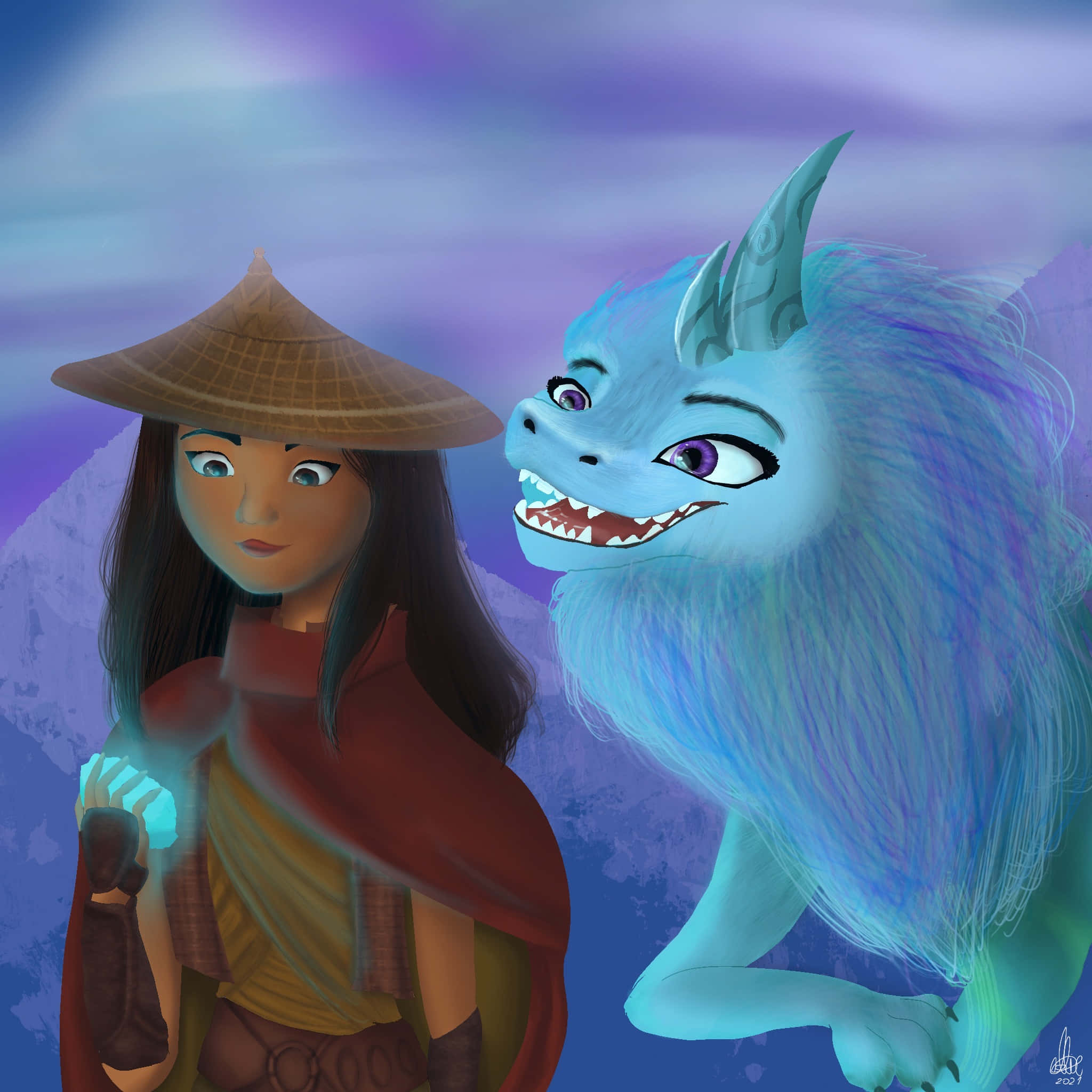 Raya 桌布 壁紙 — 一位戴著圓錐形帽子的年輕女子站在一隻友善的藍色龍旁邊，龍的眼睛發光，背景是紫色的天空。