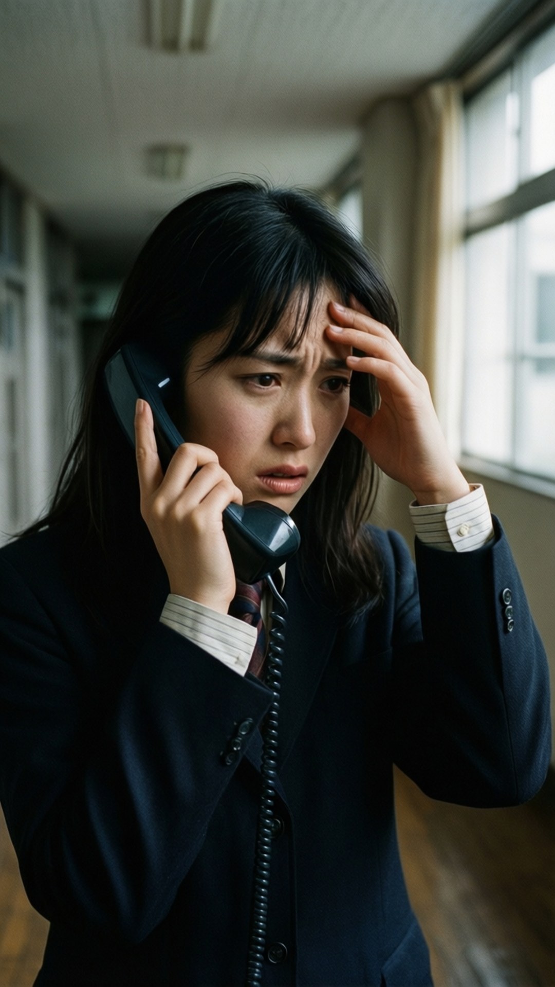 Phone Call Worry 壁紙 — 一位年輕女性身穿深色西裝外套，將黑色電話聽筒貼在耳邊，另一隻手按著額頭，身處有窗戶自然光線的走廊。