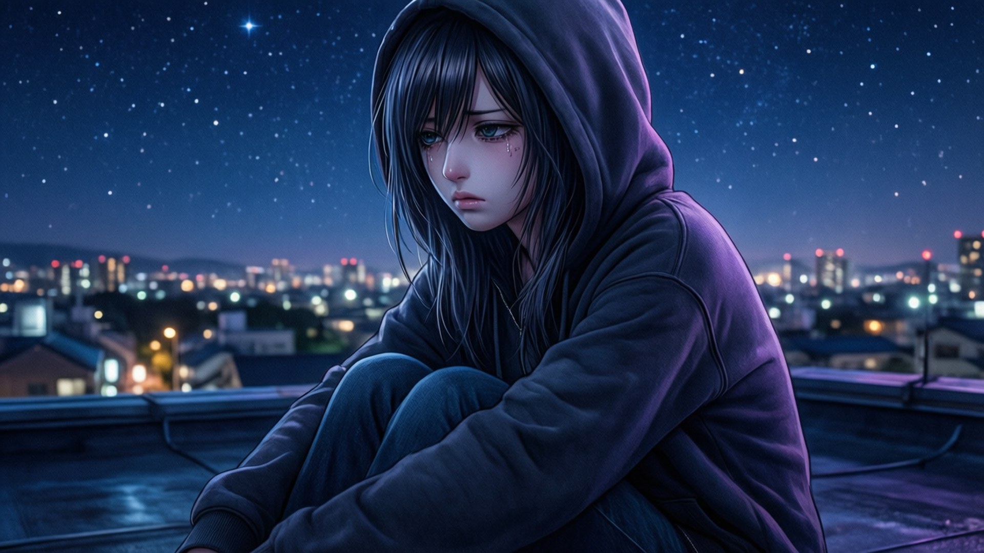 Miku Under the Stars 壁紙 — 一個穿著深色連帽衫的年輕女子晚上獨自坐在屋頂上，凝視下方，臉頰上掛著淚水，背景是星空和遠處的城市燈光。