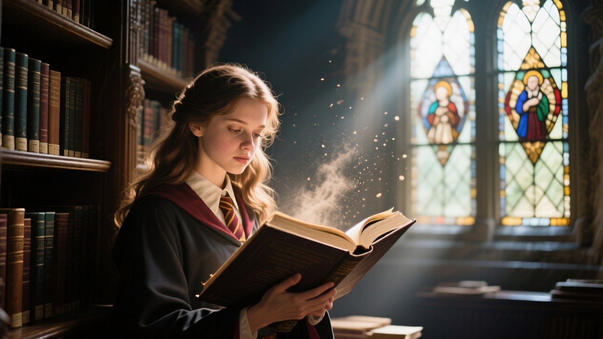 Belle's Library 壁紙 — 一位身穿深色長袍的年輕女子在圖書館閱讀一本書，魔法火花從書頁中飛出，附近有彩繪玻璃窗。