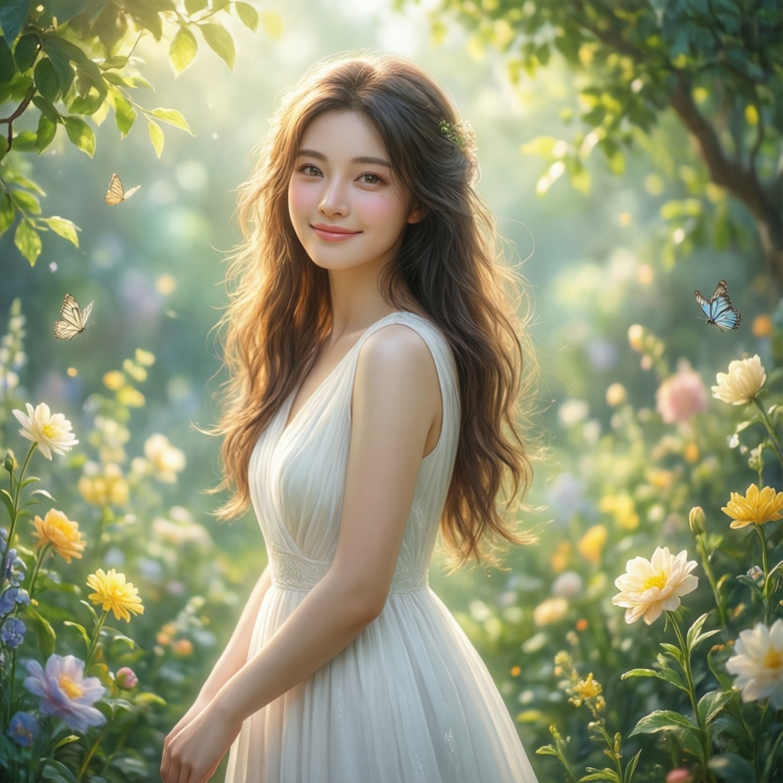 Sylphiette in Garden 壁紙 — 一位身穿飄逸白色連衣裙的年輕女子在陽光明媚的花園中微笑，花園裡充滿了色彩繽紛的花朵和翩翩起舞的蝴蝶。