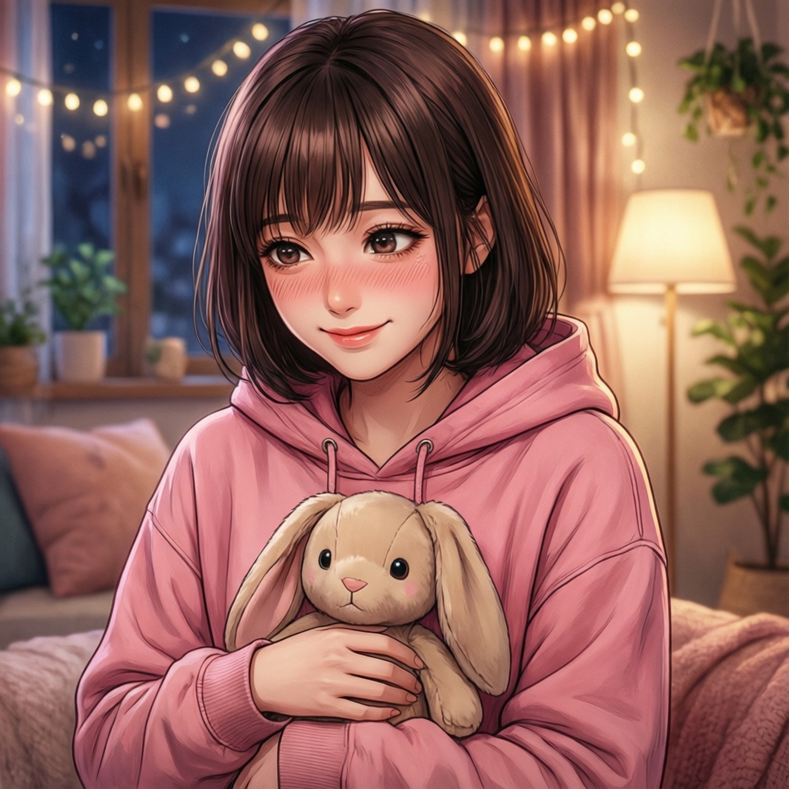 Sumi Cozy Room 壁紙 — 一位穿著粉紅色連帽衫的年輕女性，在一個由串燈和落地燈照亮的舒適房間裡，抱著一隻米色毛絨兔子，溫暖地微笑。