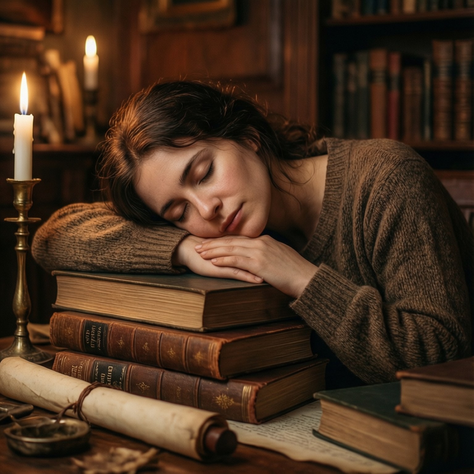 Roxy Sleepy Scholar 壁紙 — 一位年輕女性在燭光書房中，頭枕在一疊舊皮面書上安然入睡。