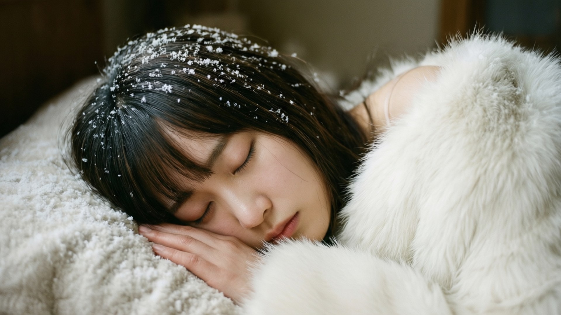 Winter Slumber 壁紙 — 一位年輕女性安詳地睡著，雪花落在她的深色頭髮上，包裹在蓬鬆的白色毛皮大衣中。