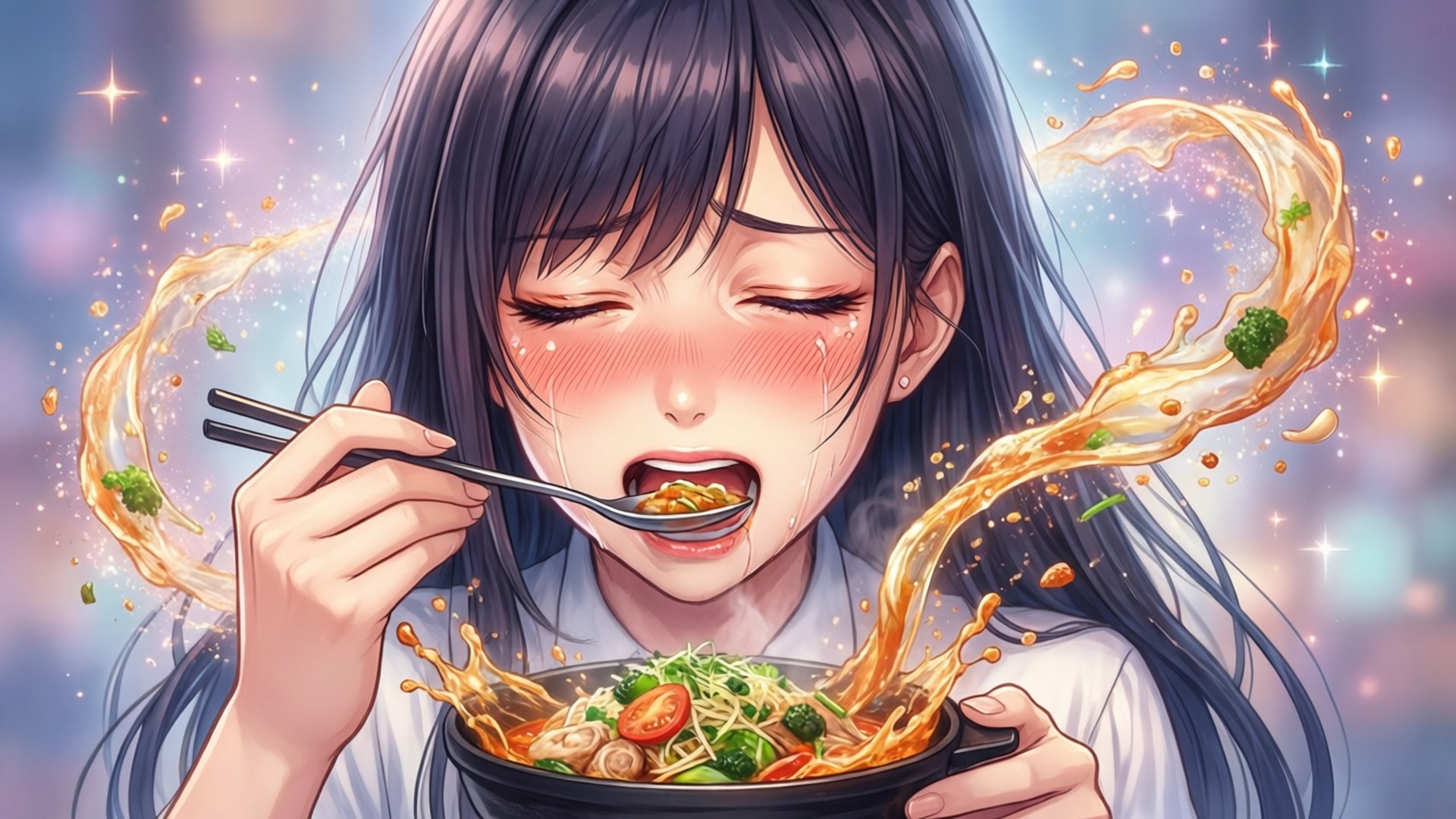 Erina's Flavor Heaven 壁紙 — 一位黑髮年輕女性品嚐著一碗熱騰騰的拉麵，湯汁和麵條戲劇性地在她周圍飛濺。