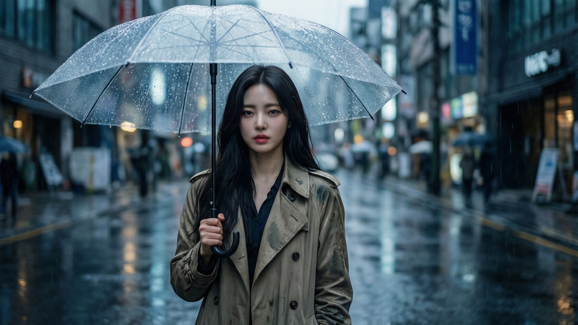 Rainy Day Elegance 壁紙 — 一位長黑髮的年輕女士站在透明雨傘下，在雨中的城市街道上穿著米色風衣。