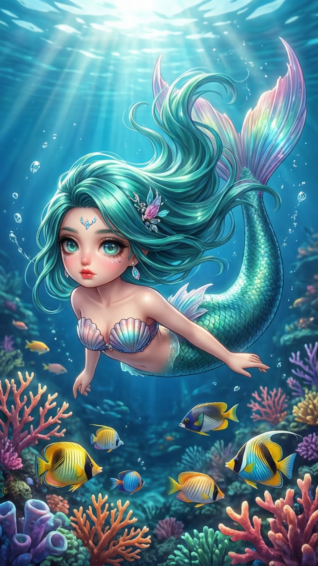 Ocean Mermaid 壁紙 — 一位年輕的美人魚，擁有藍綠色頭髮和彩虹色尾巴，在陽光照耀的海水中優雅地游動，周圍環繞著色彩繽紛的珊瑚和熱帶魚。