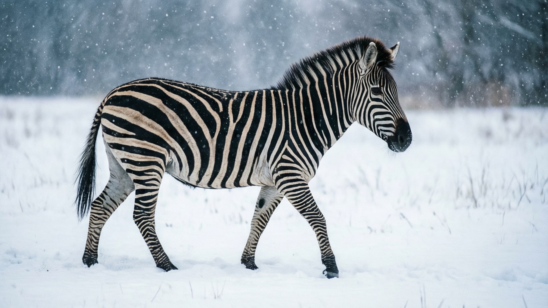Zebra in Snow 壁紙 — 一匹斑馬帶有鮮明的黑白條紋，走過雪地，雪花在牠周圍飄落。
