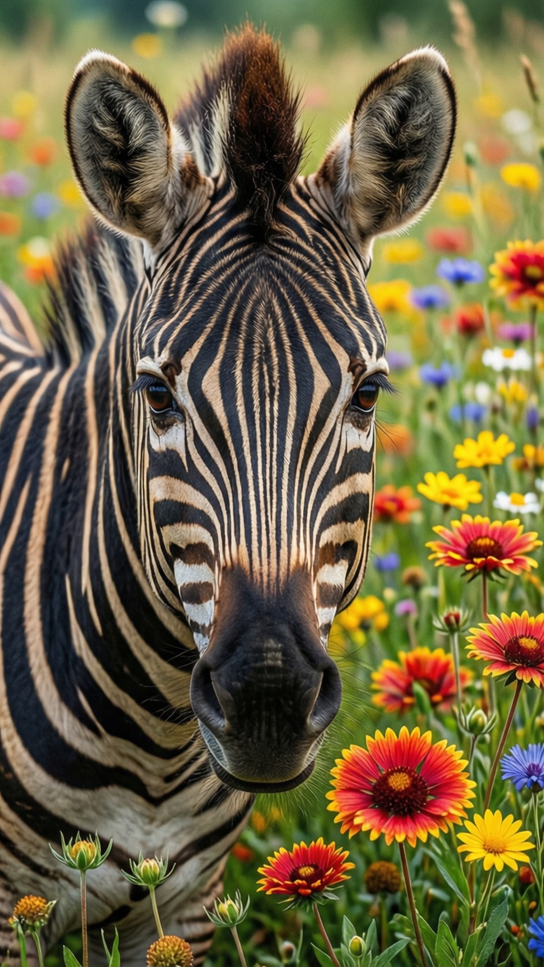 Flower Field Zebra 壁紙 — 一匹擁有鮮明黑白條紋的斑馬向前凝視，周圍環繞著鮮豔的紅色、黃色和藍色野花。