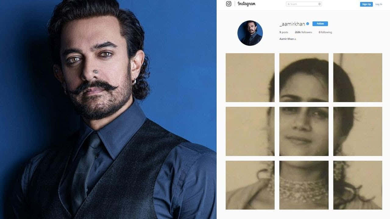 Aamir Khan 桌布 壁紙 — Aamir Khan 身穿深色背心和領帶，在藍色牆壁前擺姿勢，旁邊是他的 Instagram 個人資料，顯示復古棕褐色調照片。
