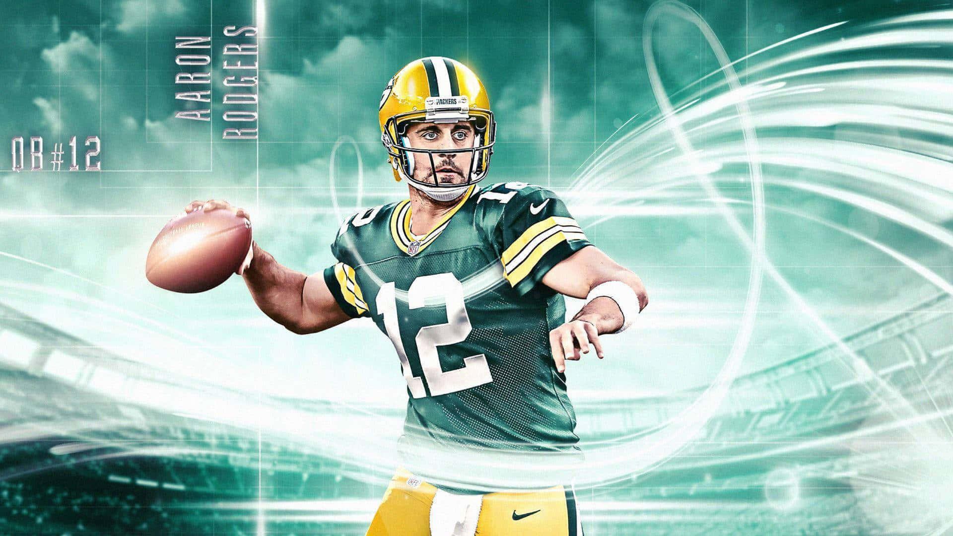 Aaron Rodgers 桌布 壁紙 — Aaron Rodgers 身穿綠灣包裝工隊球衣，在體育場背景下投擲中，帶有發光的能量軌跡。