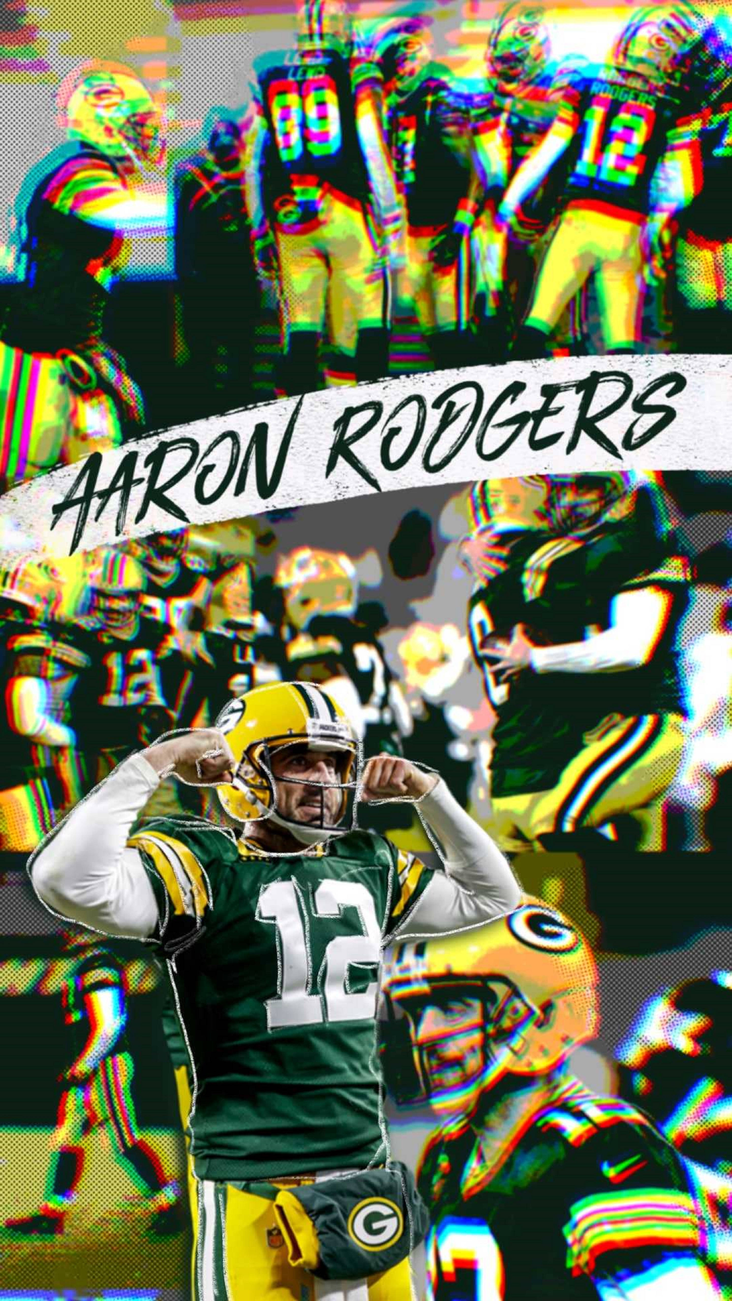 Aaron Rodgers 桌布 壁紙 — Aaron Rodgers 身穿綠灣包裝工隊裝備的故障藝術拼貼畫，帶有鮮豔扭曲疊加層和粗體文字。
