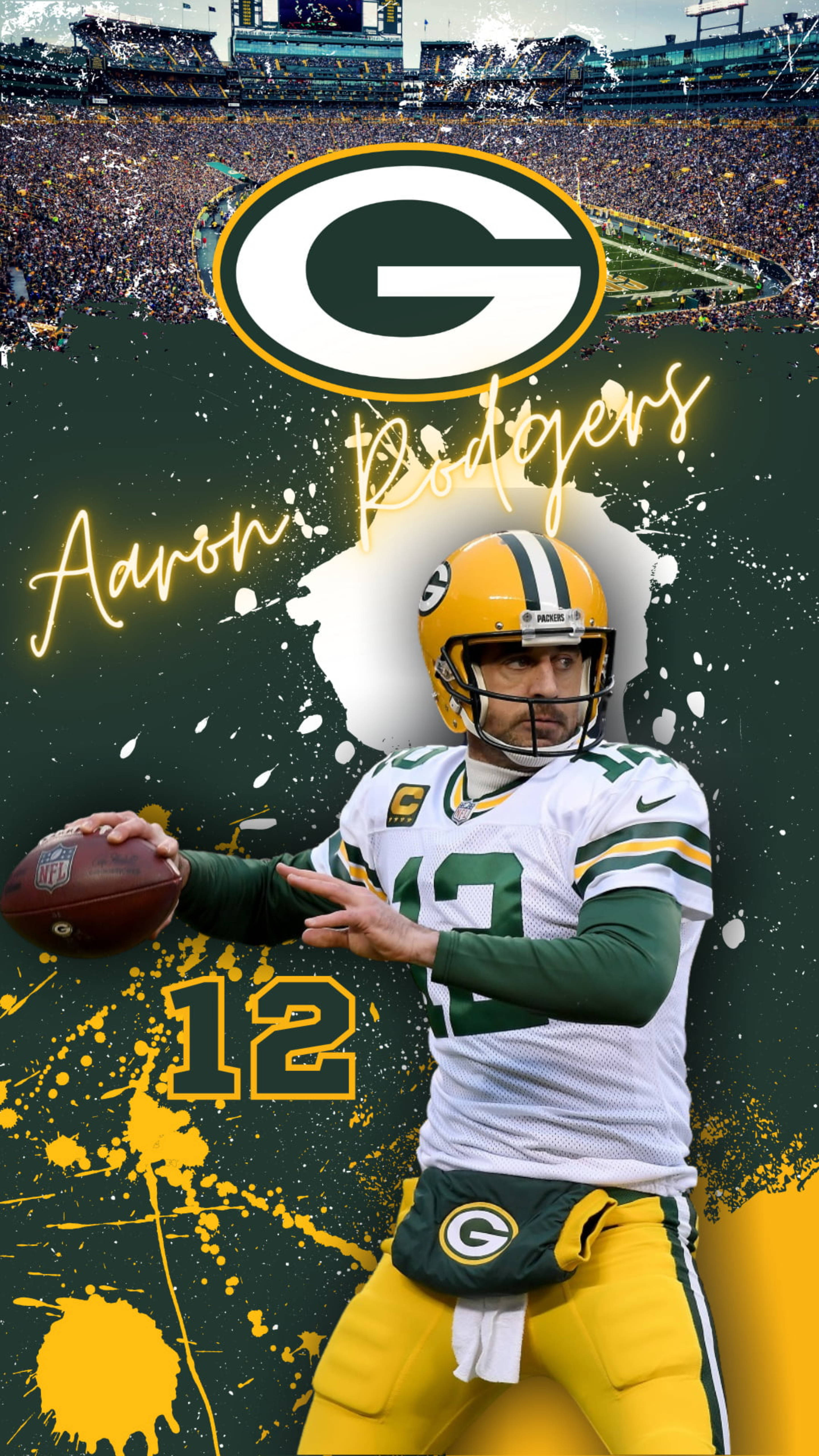 Aaron Rodgers 桌布 壁紙 — Aaron Rodgers 身穿綠灣包裝工隊球衣，在球場背景下做出投擲動作，帶有螢光黃色飛濺效果。