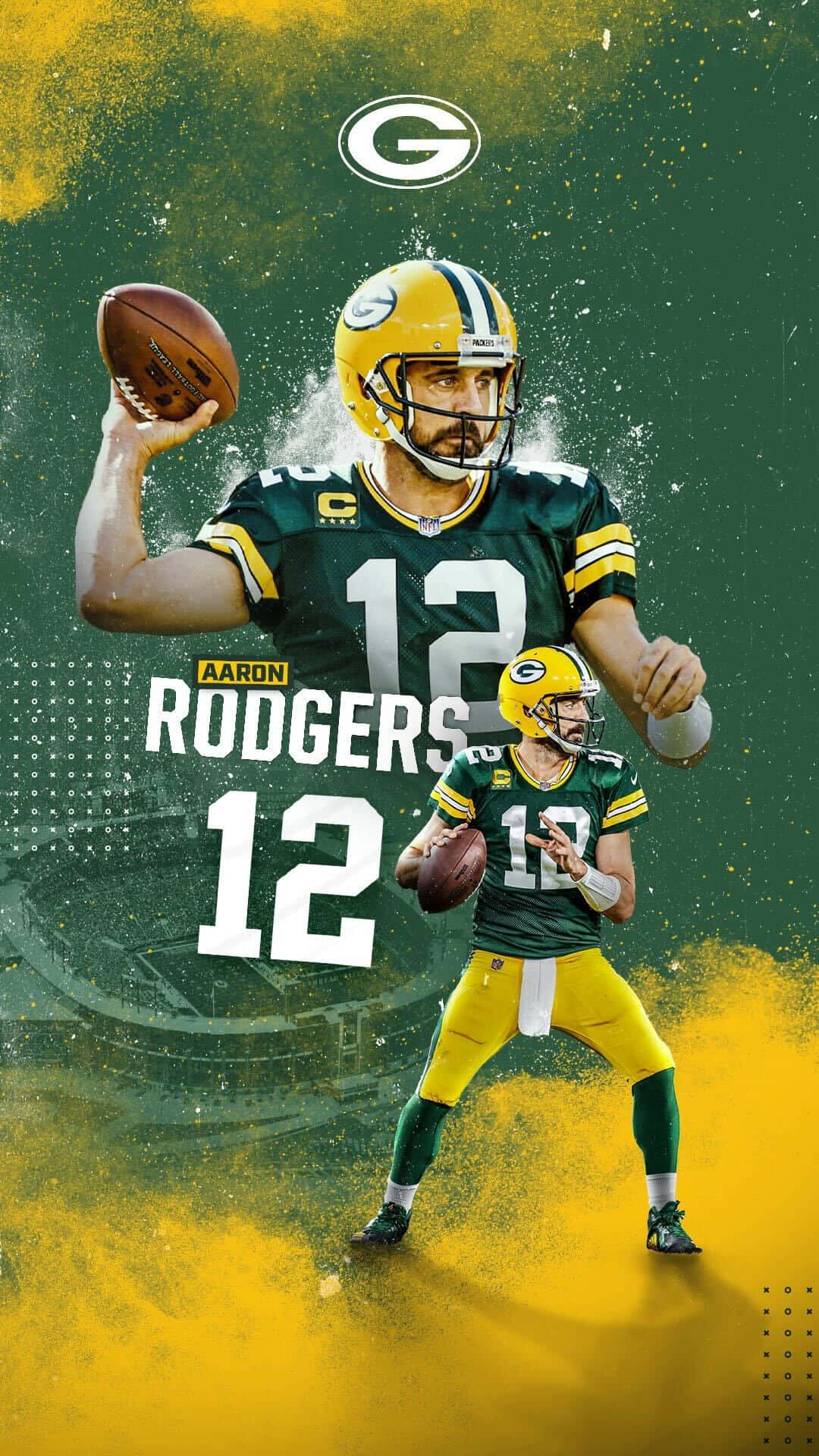 綠灣包裝工 桌布 壁紙 — Aaron Rodgers 身穿綠灣包裝工隊球衣，在動態黃綠潑濺背景中做出投擲動作。