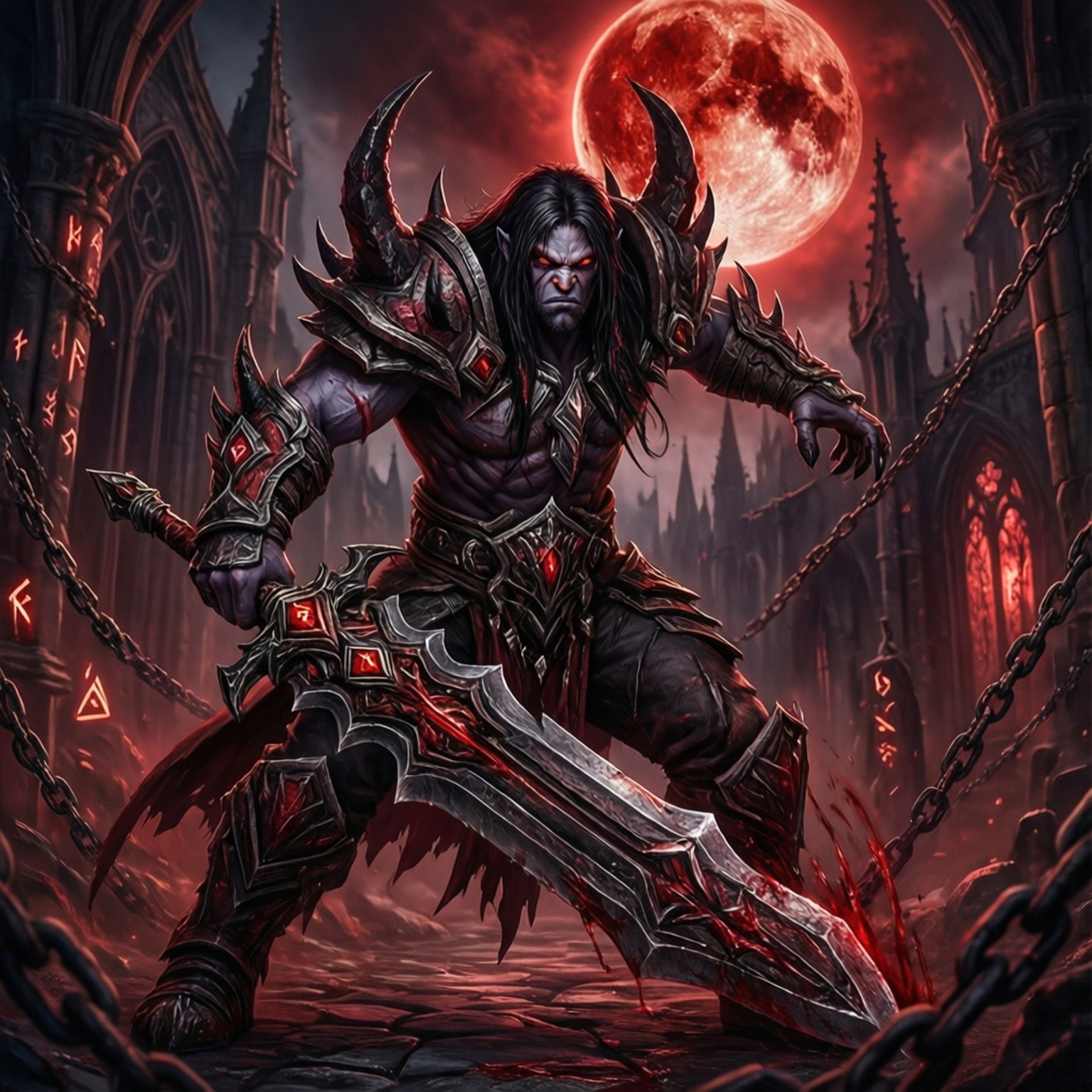 Aatrox 血月 壁紙 — 一個惡魔戰士，擁有發光的紅色眼睛和尖刺盔甲，在哥德式大教堂中挑釁地站在血月前。