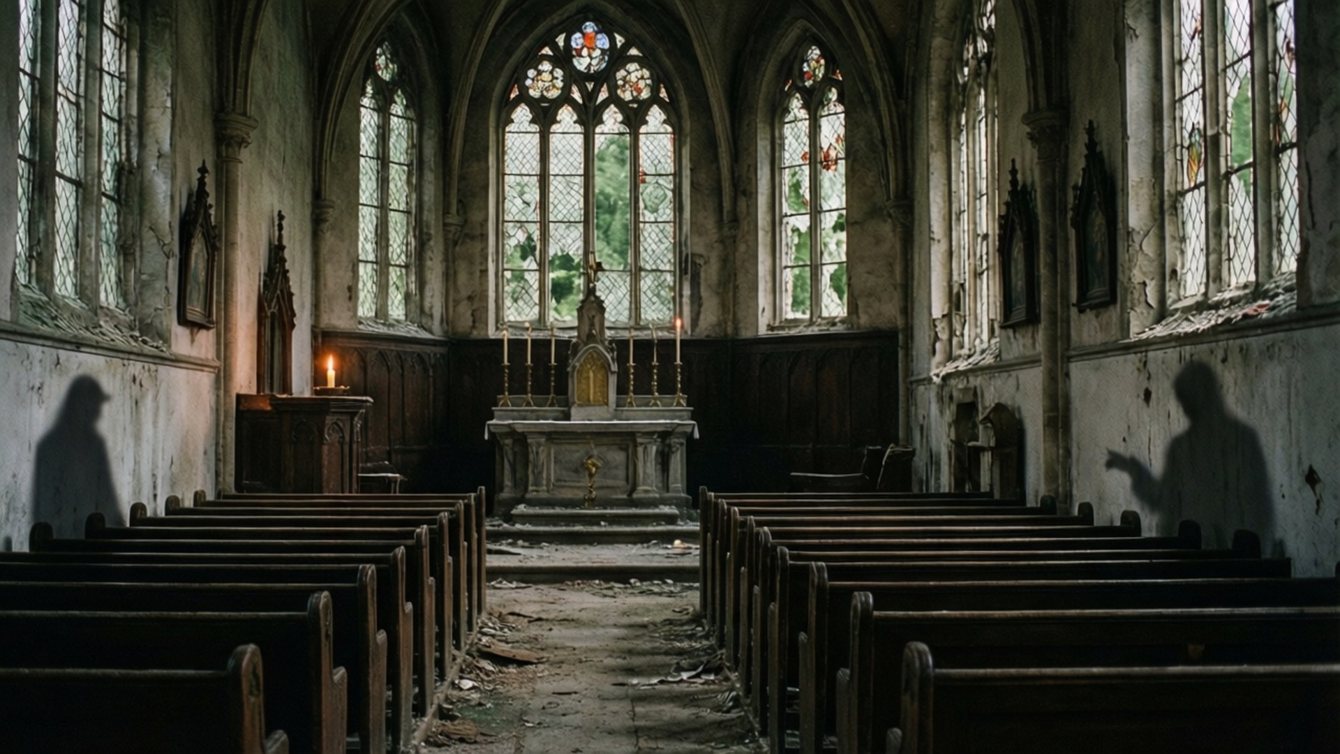 Abandoned Church of Whispers 壁紙 — 廢棄教堂內部，破碎的彩繪玻璃窗將彩色光線投射在一排排木製長椅和中央祭壇上，祭壇上有一根點燃的蠟燭。