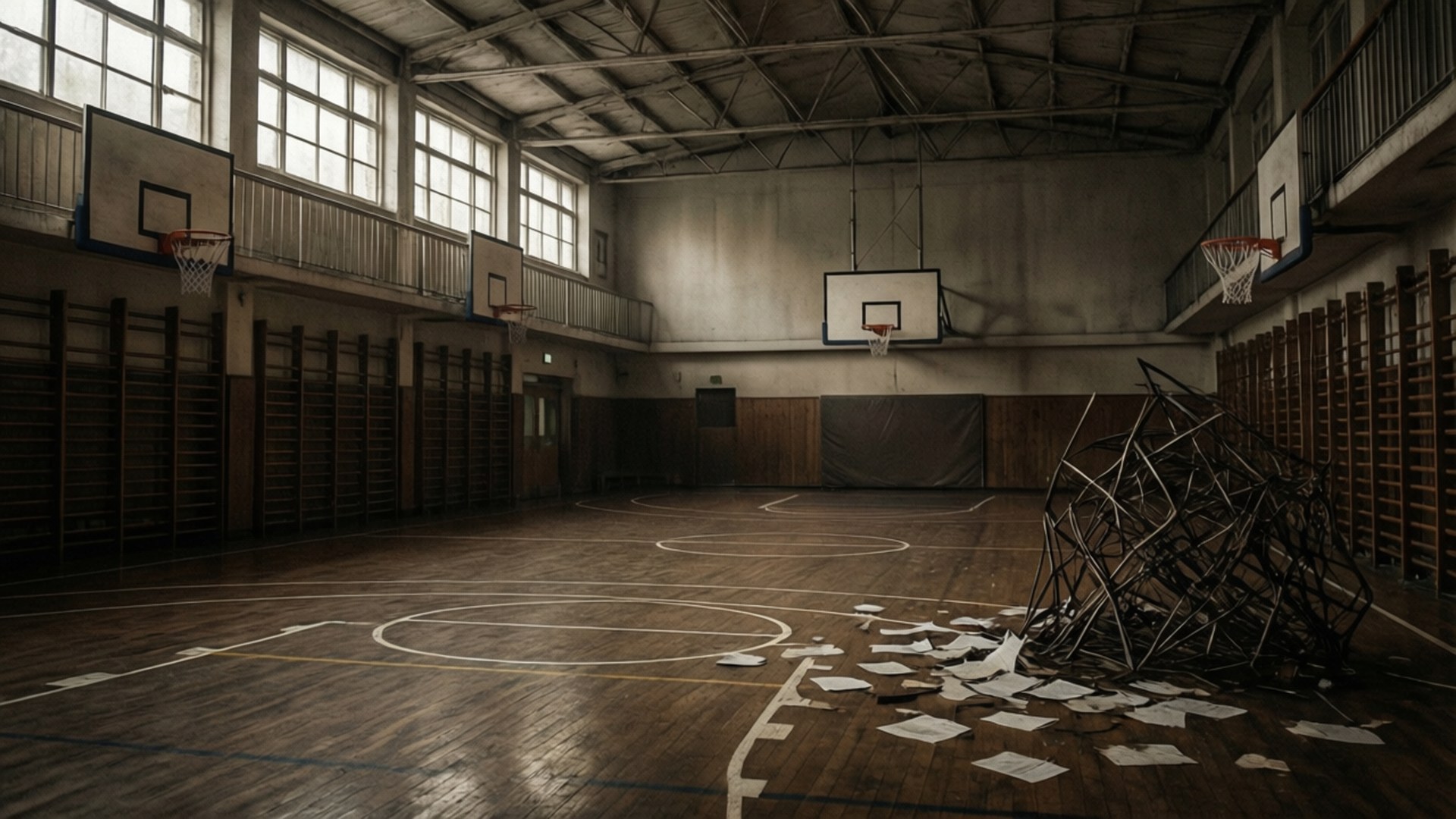 Abandoned School Gym 壁紙 — 一個廢棄的體育館，有破損的籃球框、散落的紙張和灰塵窗戶下褪色的球場線。