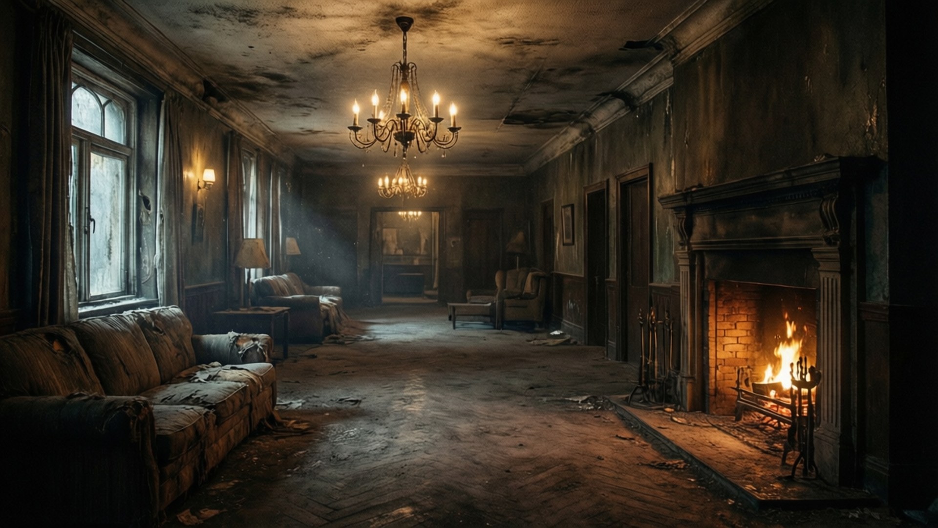 Decaying Hotel Lobby 壁紙 — 昏暗的廢棄豪宅走廊，燃燒的壁爐將溫暖的光線投射在佈滿灰塵的家具和剝落的壁紙上。