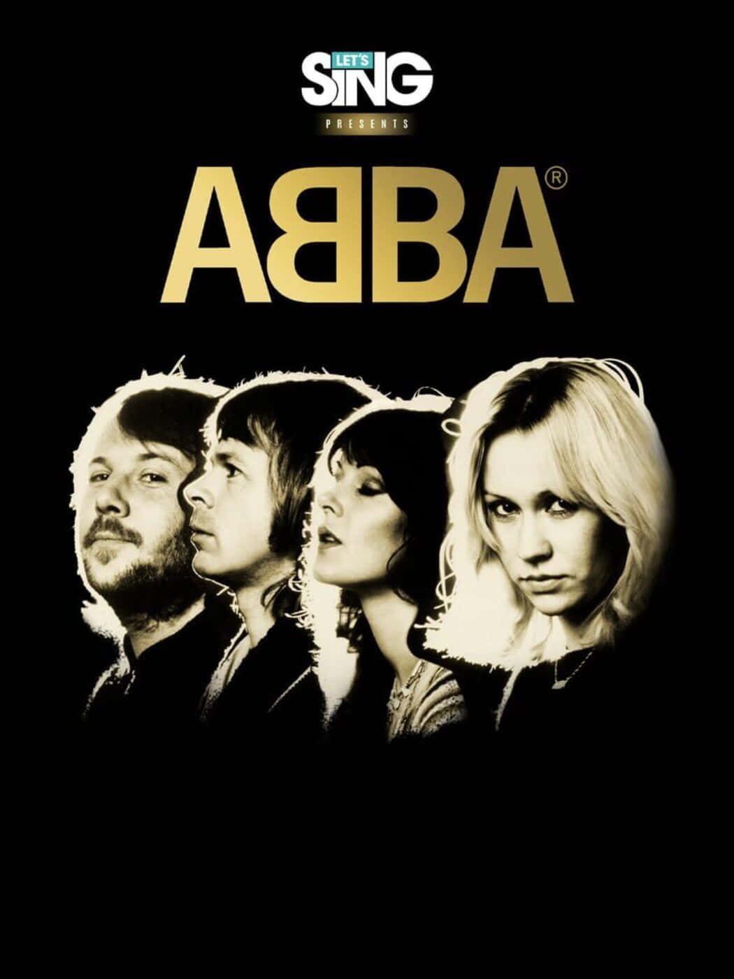 阿巴 桌布 壁紙 — ABBA 四位成員的風格化懷舊色調肖像，黑色背景配金色文字。