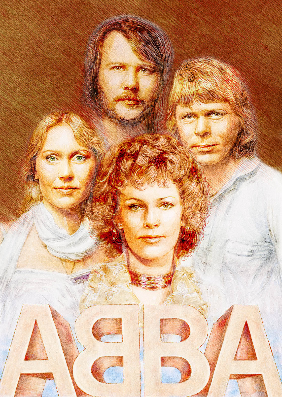 阿巴 桌布 壁紙 — ABBA 樂團的四位成員以溫暖色調和柔和筆觸的復古插畫肖像擺姿勢。