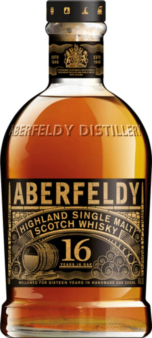 Drink 桌布 壁紙 — Aberfeldy 16年高地單一麥芽蘇格蘭威士忌酒瓶，琥珀色液體和華麗金色標籤。