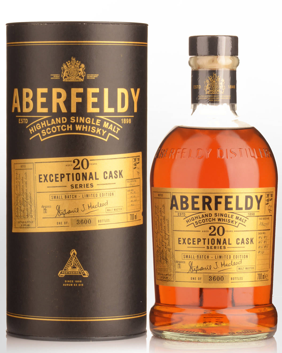Drink 桌布 壁紙 — Aberfeldy 20年單一麥芽威士忌酒瓶和禮盒，黑色背景上帶有金色字樣。