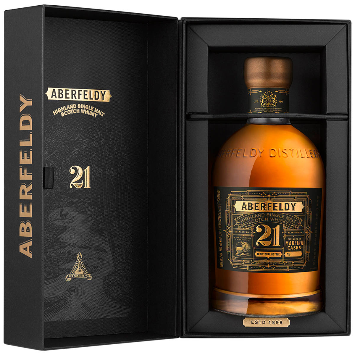 飲料 桌布 壁紙 — Aberfeldy 21年高地單一麥芽蘇格蘭威士忌酒瓶在一個帶有金色壓花細節的豪華黑色禮盒中閃耀琥珀色光澤。
