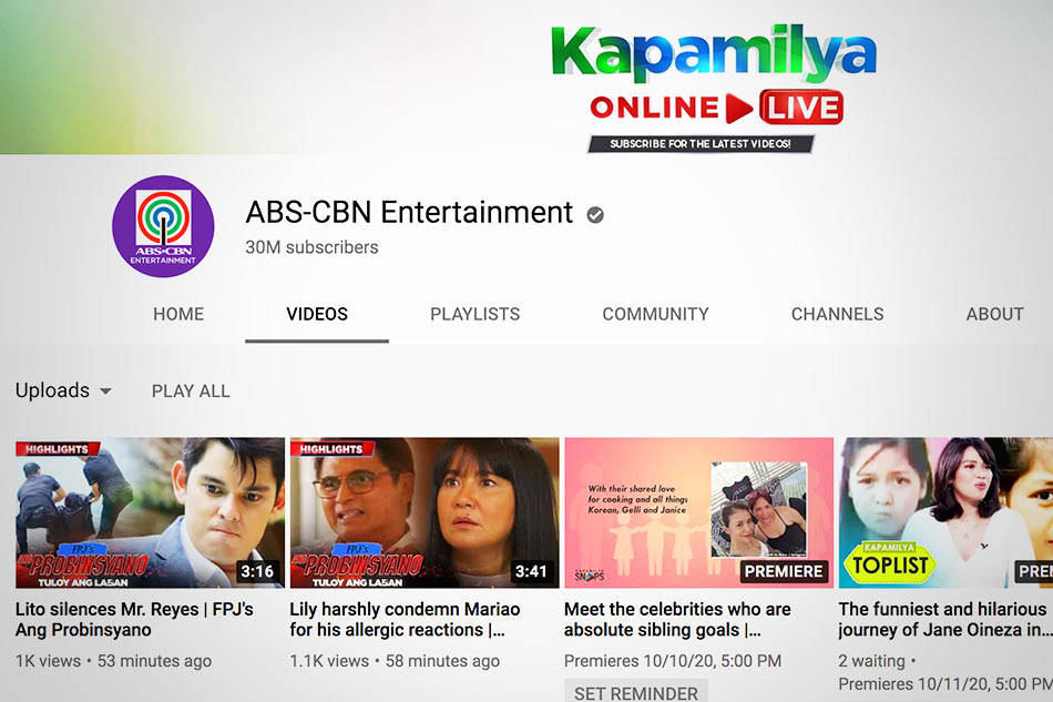 ABS-CBN Entertainment 的 YouTube 頻道首頁，帶有名人影片縮圖。 — 影片 GIF 壁紙