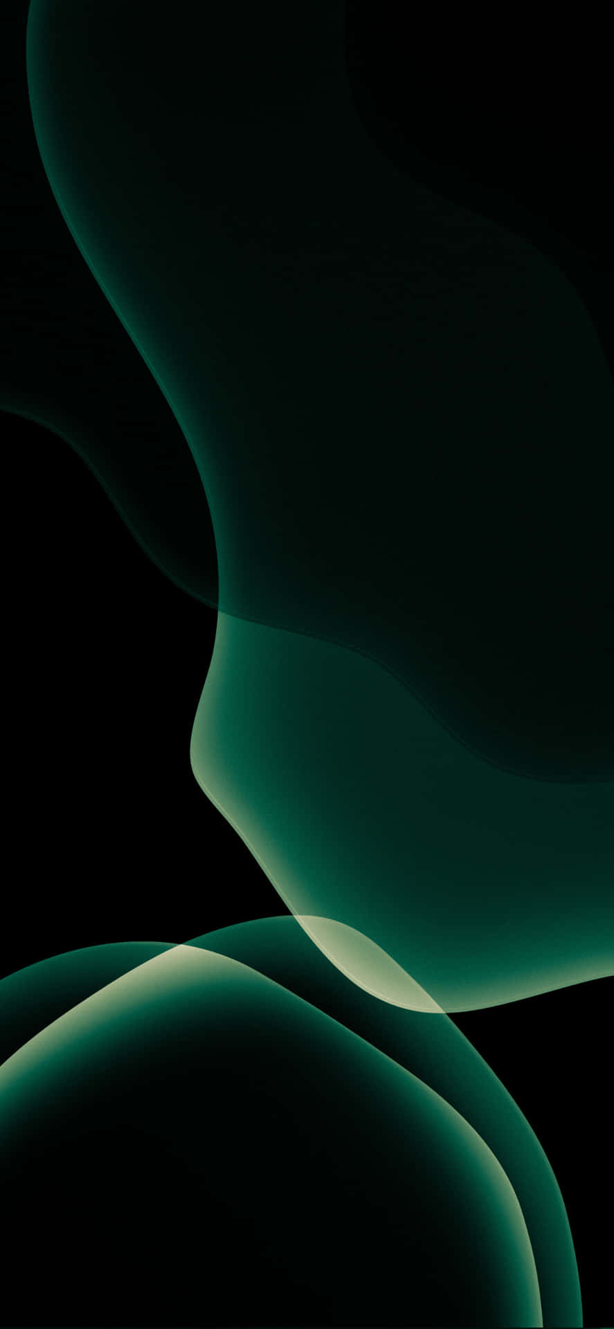 在黑色背景上發光的翡翠綠色抽象波浪。 — iPhone 13 Pro Max 壁紙