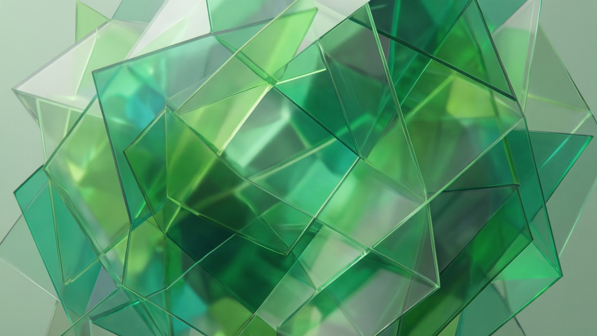 Polygon Overlay 壁紙 — 一組複雜的半透明綠色幾何碎片在柔和的薄荷色背景上折射光線。