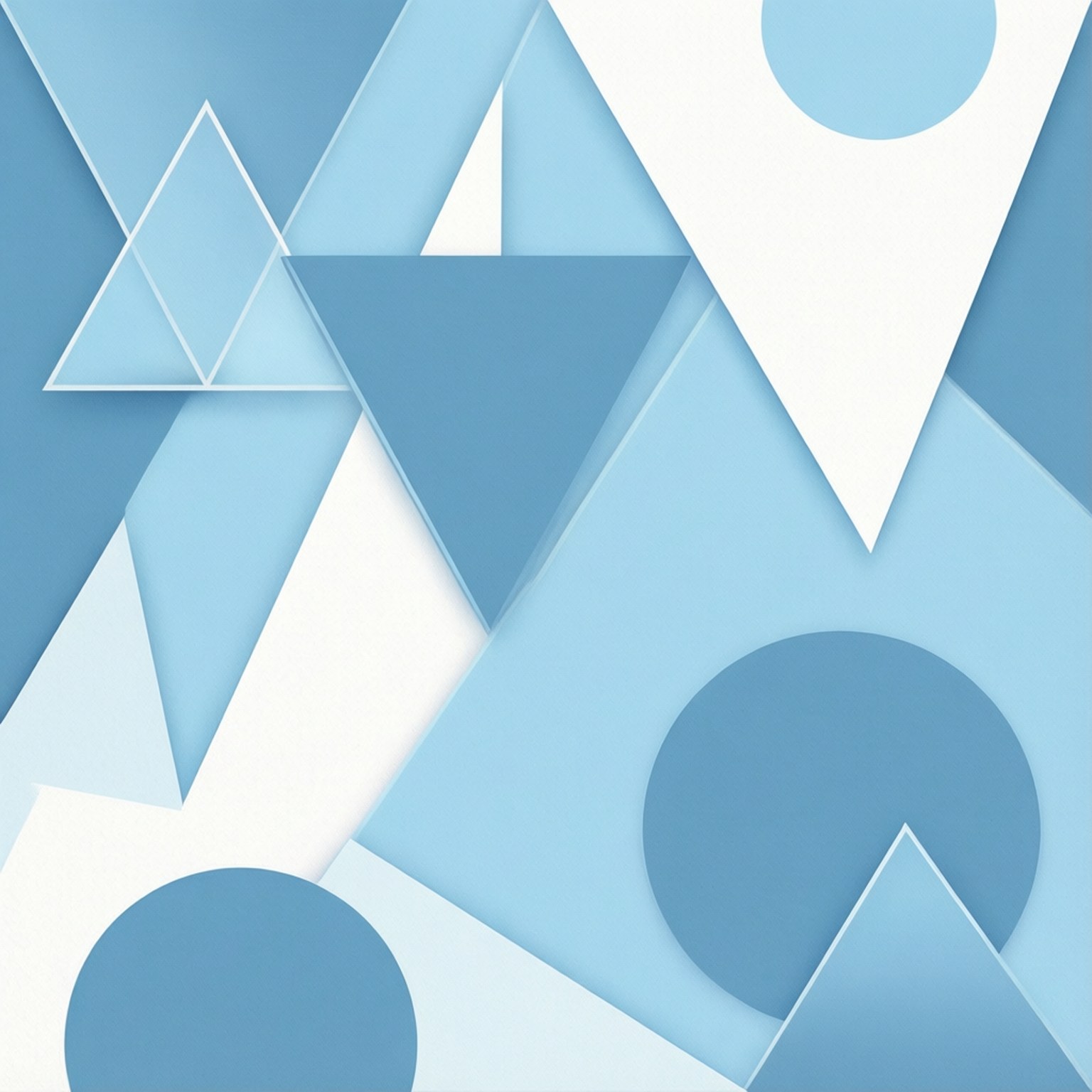 Geometric Serenity 壁紙 — 抽象幾何桌布，以柔和藍白色調呈現分層三角形和圓形。