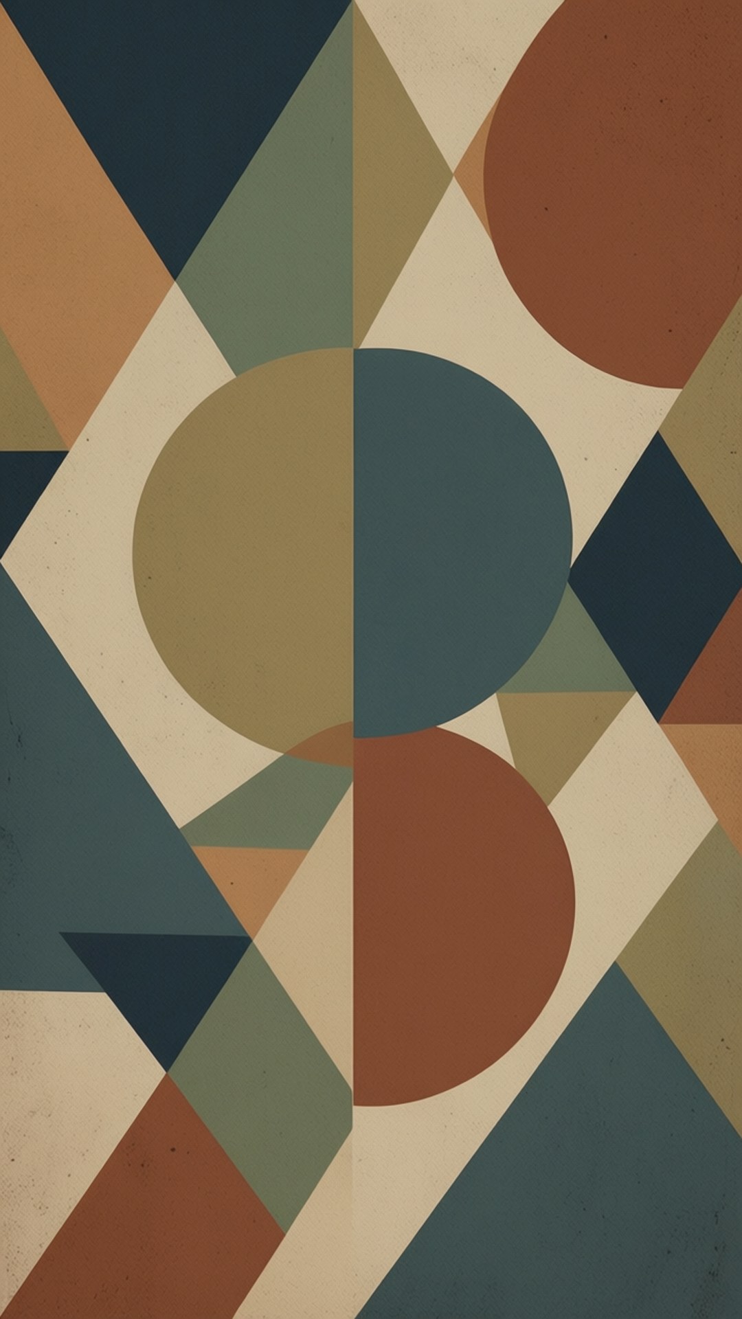 Muted Geometric Pattern 壁紙 — 抽象幾何圖案壁紙，以大地色調的重疊圓形和三角形為主，搭配紋理米色背景。