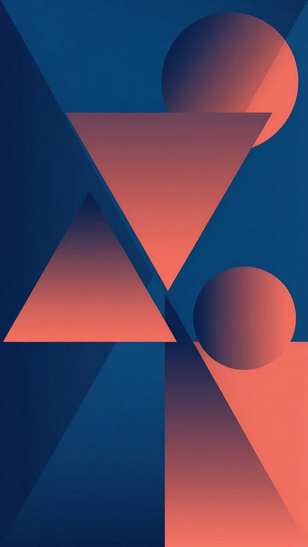 Geometric Gradient 壁紙 — 抽象幾何壁紙，帶有重疊的三角形和球體，採用漸變藍色和珊瑚色調。