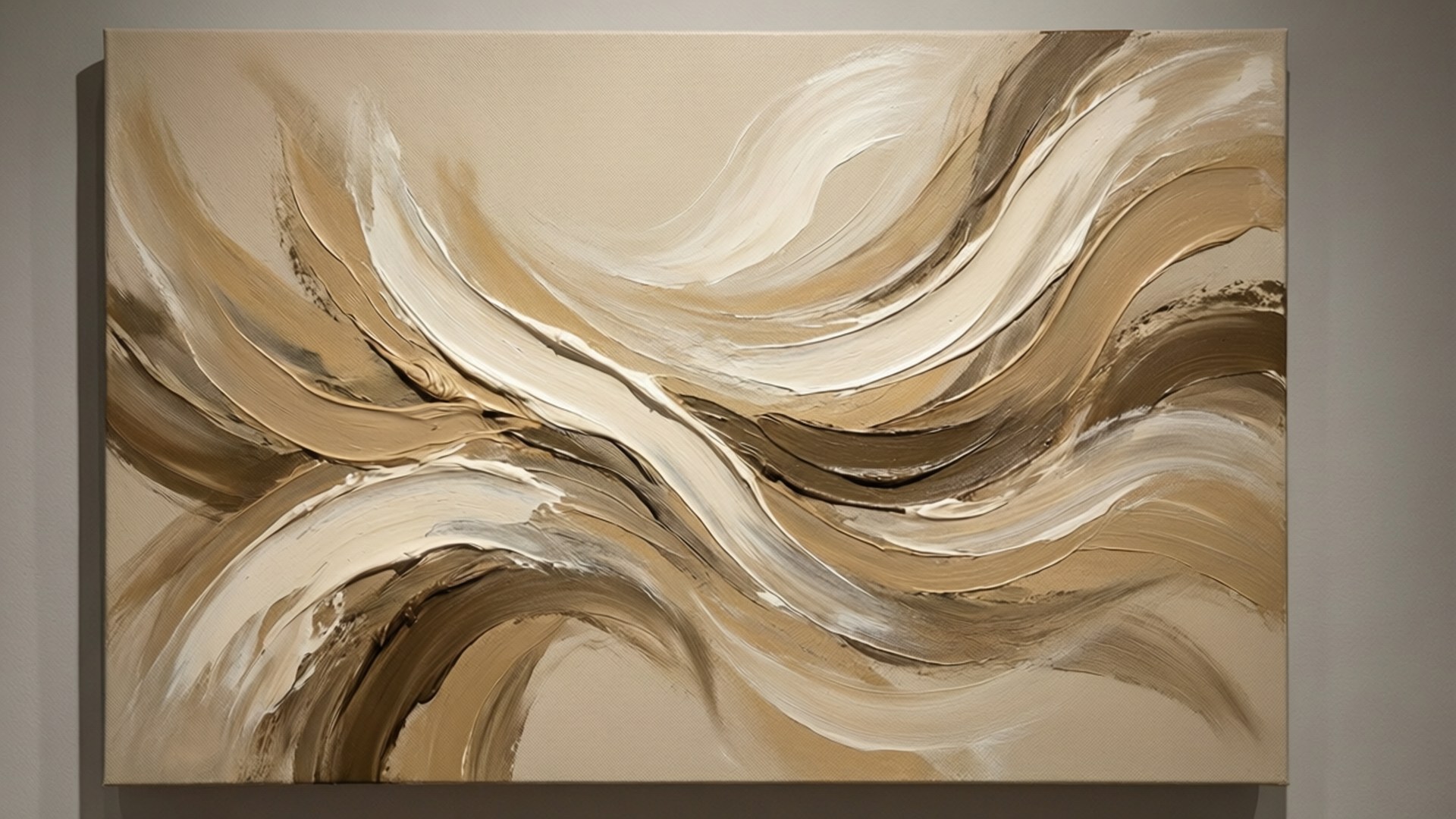 Abstract Beige Art 壁紙 — 一幅大型抽象畫，帶有流動的米色、金色和白色筆觸，掛在中性牆上。
