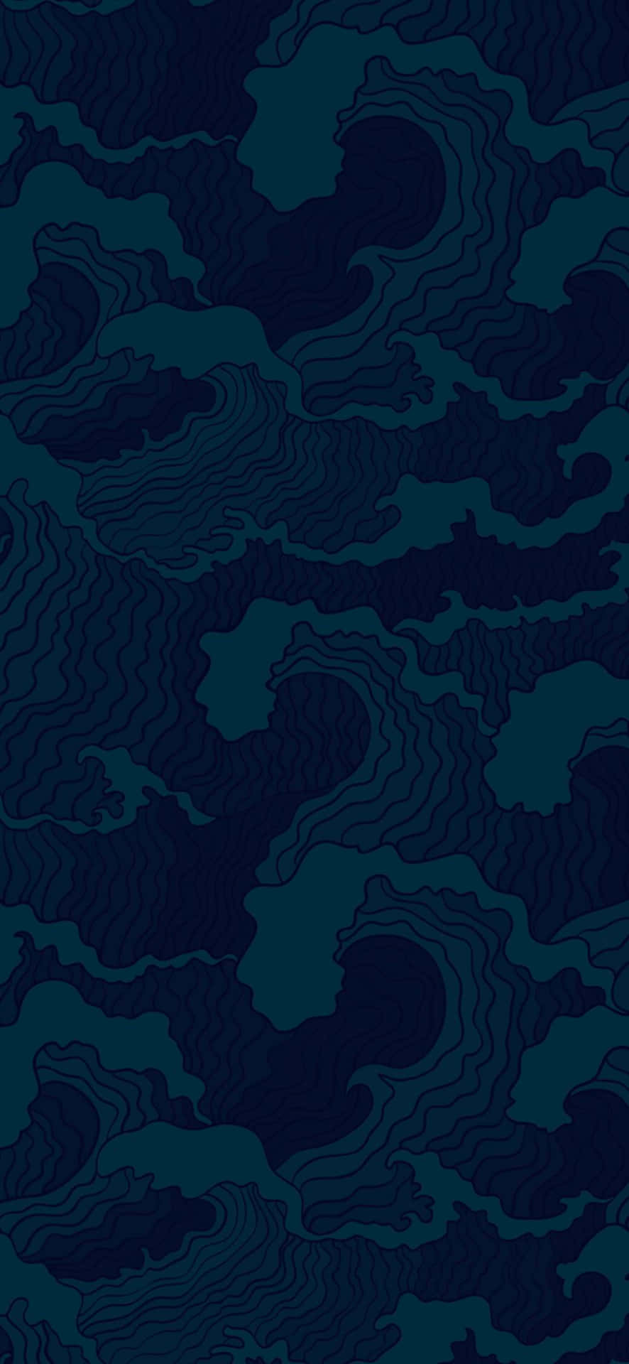  壁紙 — 深海軍藍和藍綠色的抽象地形圖，流動的等高線營造出寧靜的海洋圖案。