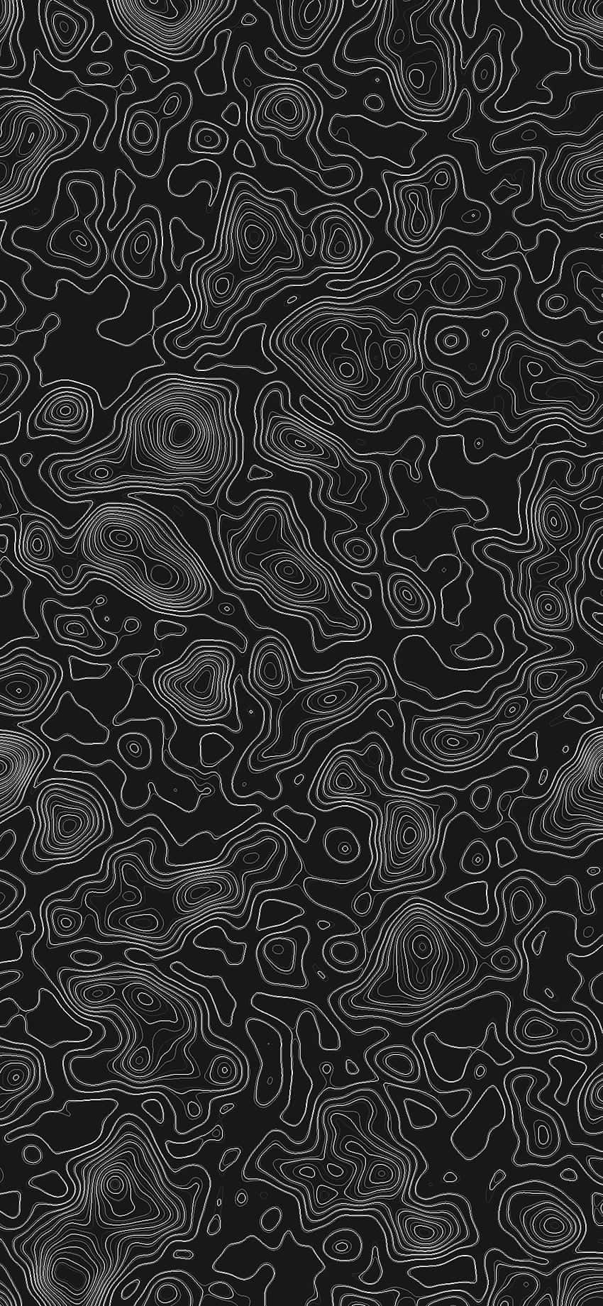  壁紙 — 抽象地形圖案，黑色背景上帶有白色等高線。