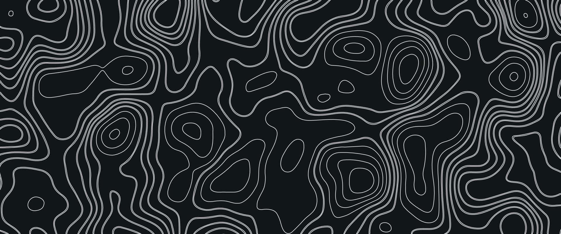  壁紙 — 抽象地形圖案，黑色背景上帶有白色等高線。