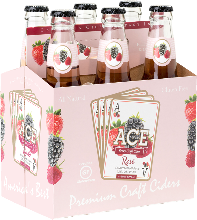 飲料 桌布 壁紙 — Ace Berry Craft Cider Rosé 六罐裝，粉紅色包裝，飾有草莓和黑莓圖案。