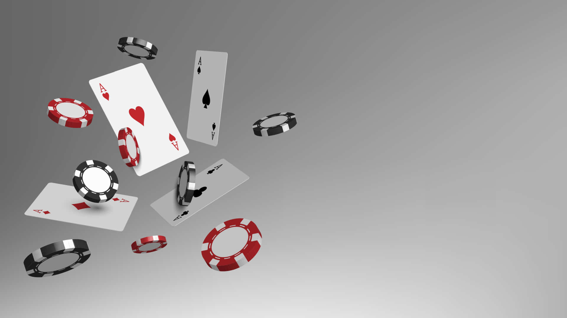 Casino 桌布 壁紙 — Ace 牌和紅色黑色籌碼在中性灰色漸變背景上動態漂浮。