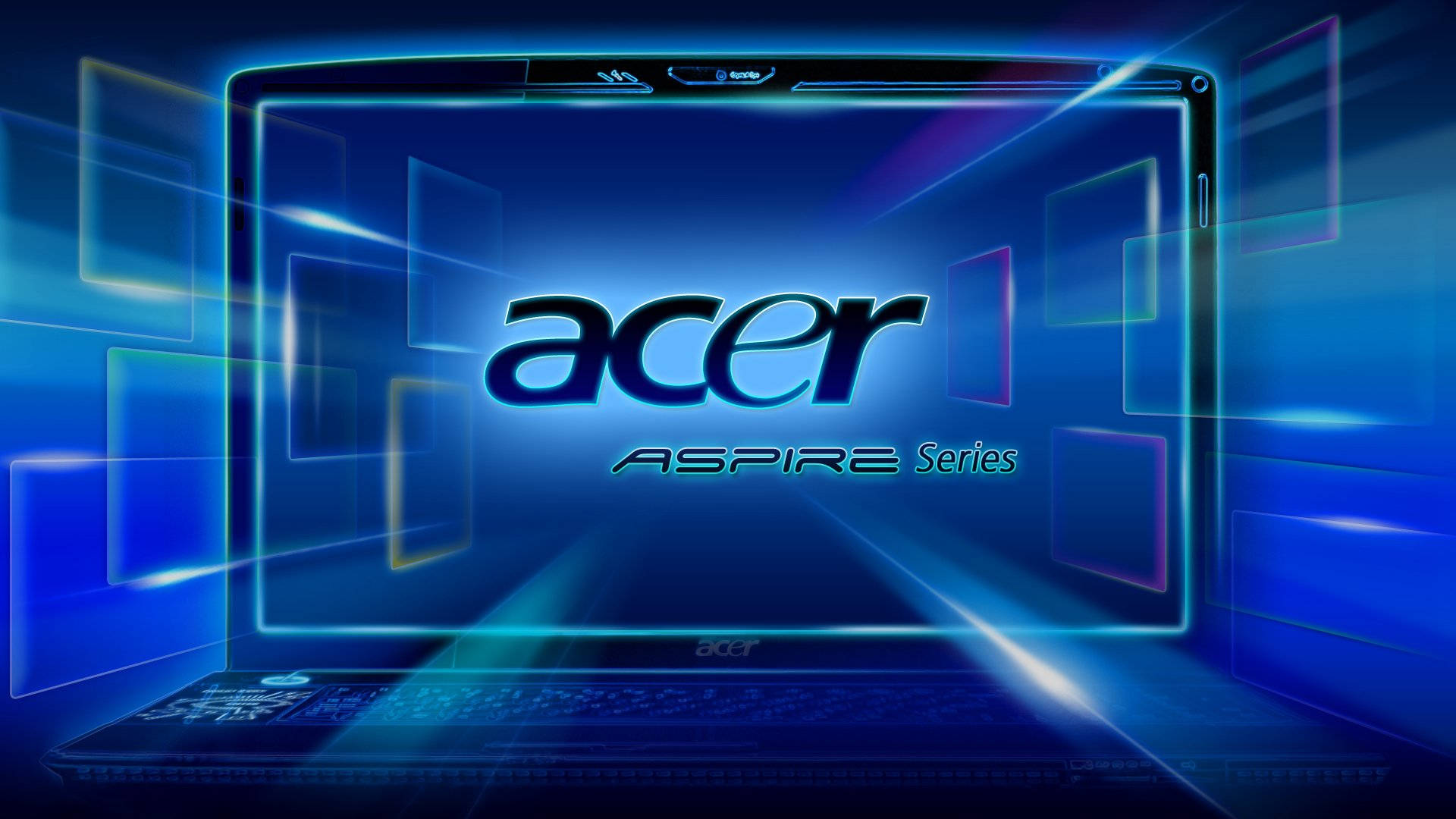 Brand 桌布 壁紙 — Acer Aspire 筆記型電腦發出霓虹藍光，周圍漂浮著數位面板，營造出未來科技場景。