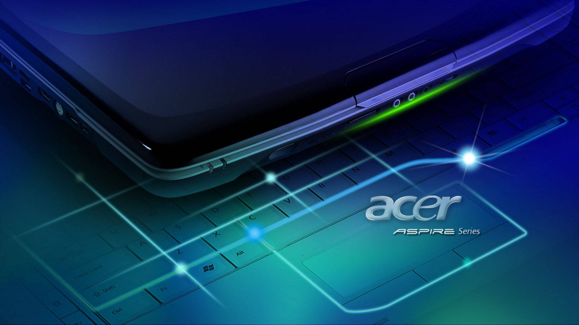 品牌 桌布 壁紙 — Acer Aspire 筆記型電腦傾斜角度，帶有發光藍色和綠色光軌穿過鍵盤和標誌。