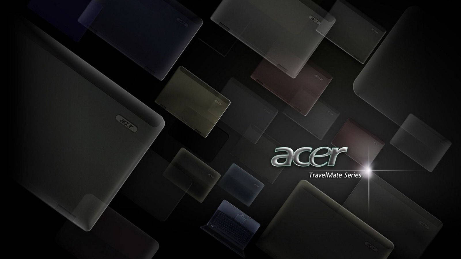 標誌 桌布 壁紙 — Acer TravelMate 筆記型電腦在黑暗空間中漂浮，帶有發光標誌和細微的顏色變化。