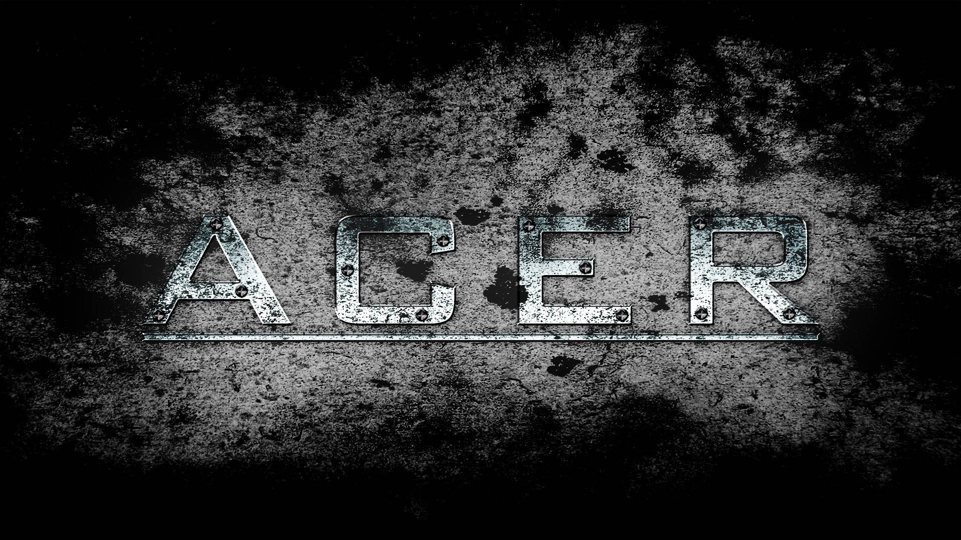 品牌 桌布 壁紙 — ACER 一詞以堅固的金屬字母和螺栓呈現，背景為磨損的黑灰紋理表面。