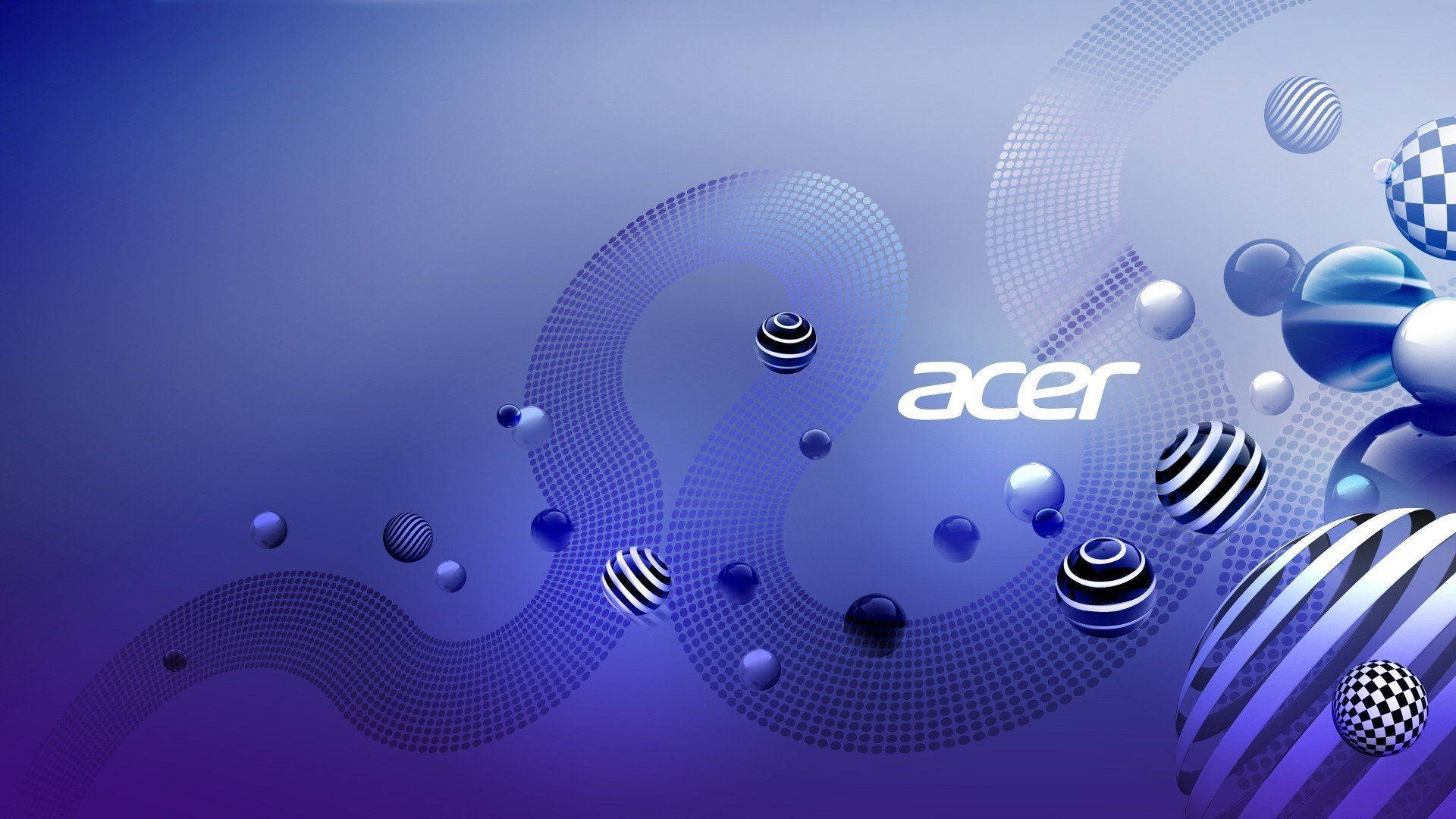 品牌 桌布 壁紙 — Acer 標誌被浮動球體和漩渦藍色圖案包圍，背景為漸變色。
