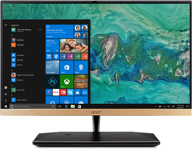Windows Computer 桌布 壁紙 — Acer 顯示器在充滿活力的藍綠色和綠色熱帶島嶼桌布上顯示 Windows 10 開始功能表。
