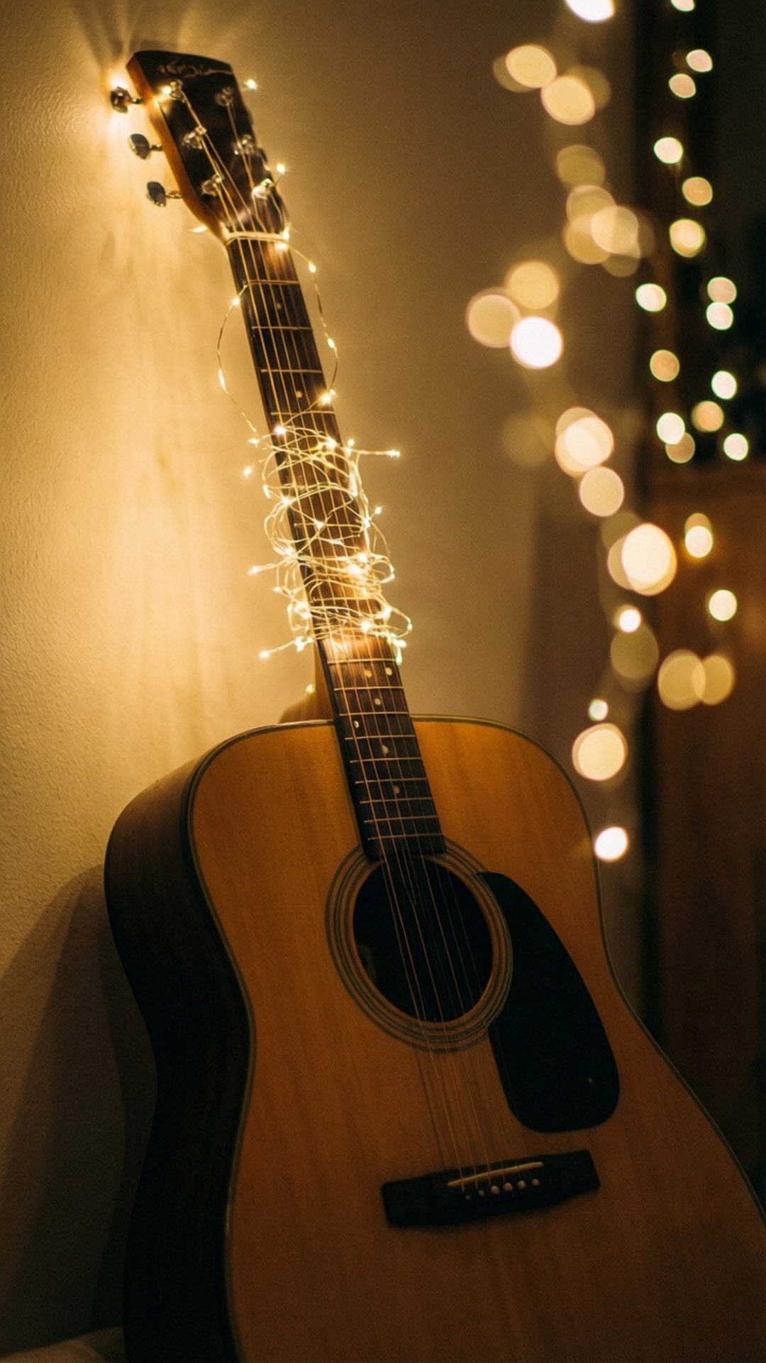 Fairy Light Guitar 壁紙 — 一把原聲吉他靠在一面掛滿溫暖串燈的牆上，營造出舒適的散景背景。