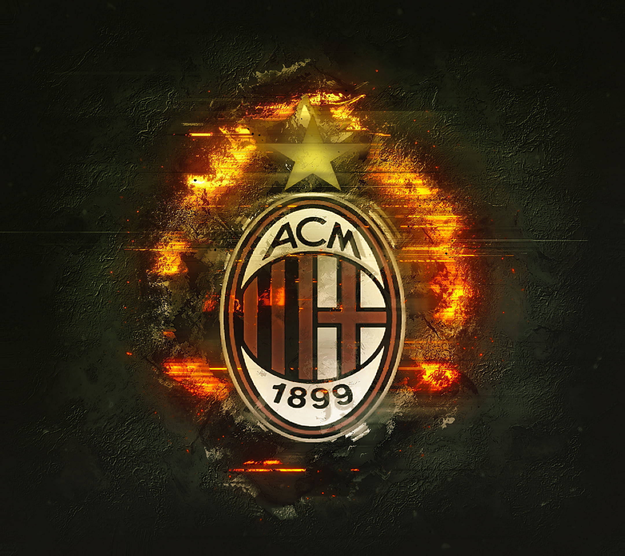Ac Milan 桌布 壁紙 — AC米蘭的會徽在深色紋理背景上閃耀著火熱的橙色火焰，上方有一顆金色星星。