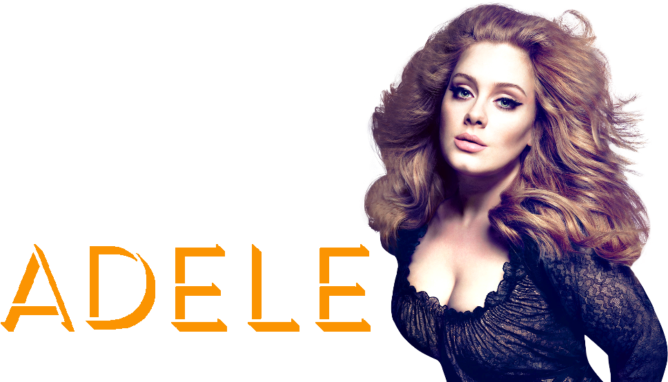 愛黛兒 桌布 壁紙 — Adele 以豐盈的金色頭髮和鮮豔的化妝在純黑色背景前擺姿勢，她的名字以粗體橙色字母呈現。